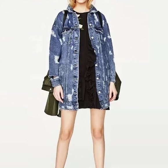 Zara Jackets & Blazers - Zara Women's Distressed Button Down Long Length Medium Wash Denim Jacket